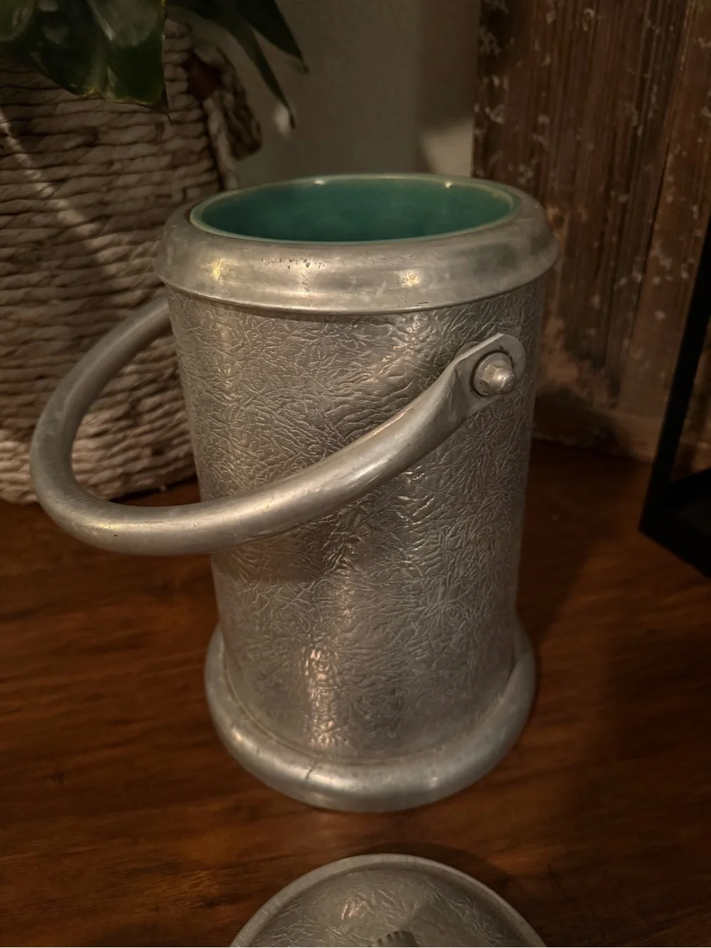 Lrg. Vtg. Ice Bucket Wine Cooler Art Deco Hammered Aluminum & Ceramic Liner 15”